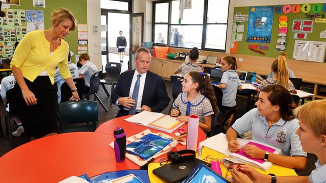 Labor’s Bennelong candidate Kristina Keneally and Opposition Leader Bill Shorten at St Charles Catholic Primary School at Ryde. Picture: AAP/Mick Tsikas