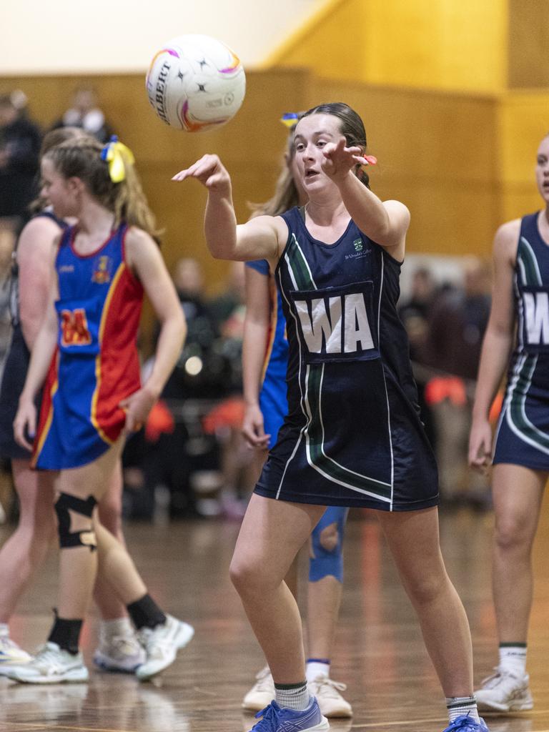 Charlotte James of St Ursula's Junior A against Downlands Junior A in Merici-Chevalier Cup netball at Salo Centre, Friday, July 19, 2024. Picture: Kevin Farmer