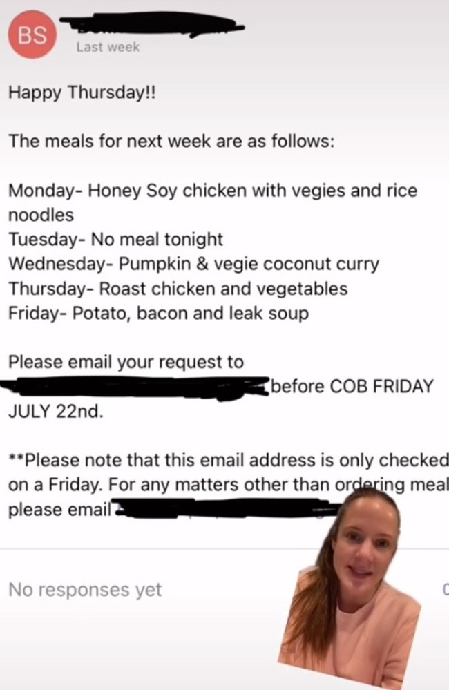 Amber, who pays $60 a day, to send her daughter to the childcare centre, shared an email with some of the food options. Picture: TikTok/amber.paul