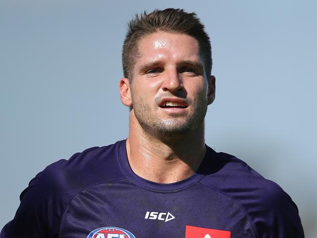 PERTH, AUSTRALIA - MARCH 10: Jesse Hogan of the Dockers warms up before the 2019 JLT Community Series AFL match between the Fremantle Dockers and the West Coast Eagles at Rushton Park on March 10, 2019 in Perth, Australia. (Photo by Paul Kane/Getty Images)