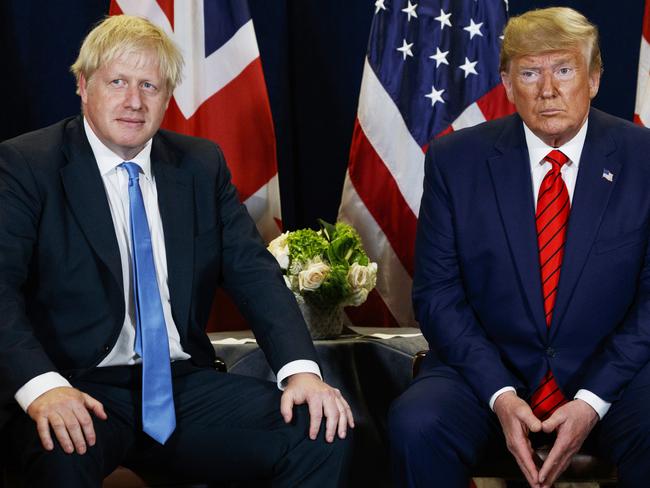 FILE - In this Sept. 24, 2019, file photo, President Donald Trump meets with British Prime Minister Boris Johnson at the United Nations General Assembly in New York. (AP Photo/Evan Vucci, File)