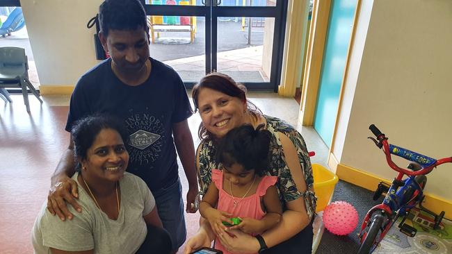 Angela Fredericks, pictured with Nades, Priya and Tharunicaa, 2, during a visit to the Christmas Island detention centre last month.