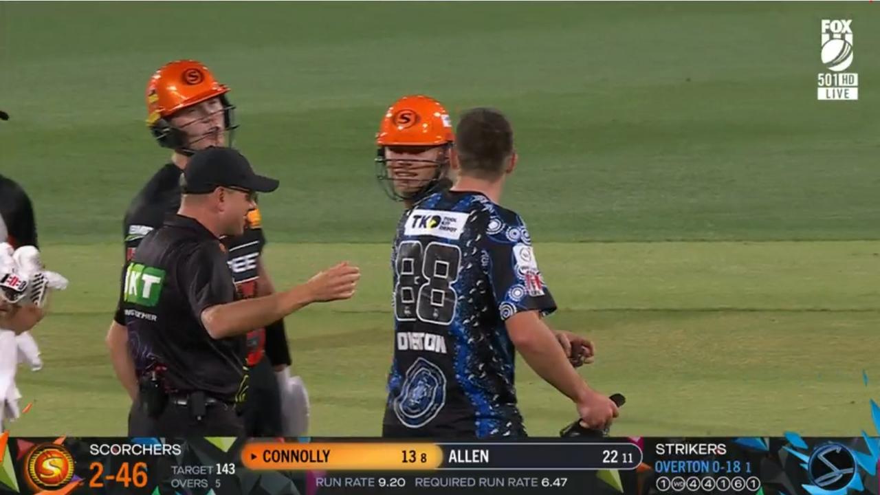 The umpire sent Jamie Overton on his way after a mid-pitch confrontation.