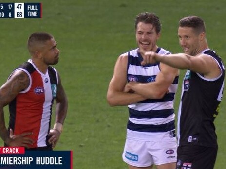 Isaa Smith, James Frawley and Bradley Hill have a post-game premiership reunion.