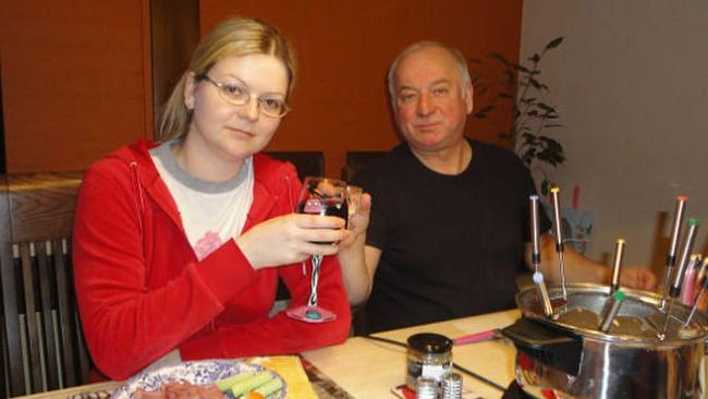 Ex-Russian spy Sergei Skripal, 66, and his daughter Yulia, 33, pose for a picture at a fondue restaurant. Picture: Supplied