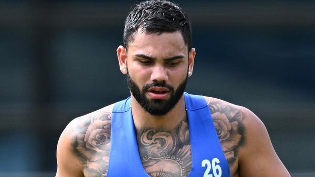 MELBOURNE, AUSTRALIA - NOVEMBER 17: Tarryn Thomas of the Kangaroos runs during a North Melbourne Kangaroos AFL training session at Arden Street Ground on November 17, 2023 in Melbourne, Australia. (Photo by Quinn Rooney/Getty Images via AFL Photos)