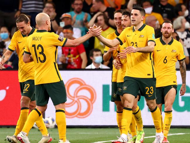 MELBOURNE, AUSTRALIA - JANUARY 27: Tom Rogic of Australia celebrates a goal during the FIFA World Cup Qatar 2022 AFC Asian Qualifier match between Australia Socceroos and Vietnam at AAMI Park on January 27, 2022 in Melbourne, Australia. (Photo by Jonathan DiMaggio/Getty Images)