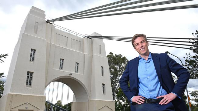 LNP candidate for Ryan, Cr Julian Simmonds, at the Walter Taylor Bridge. Picture: AAP/ John Gass