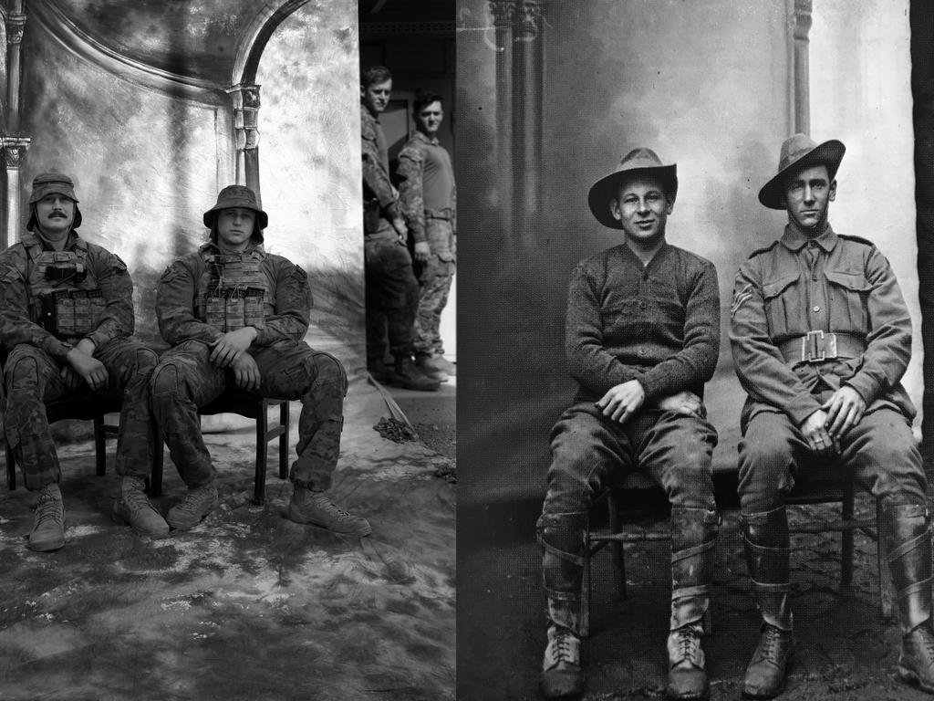 Left side photo L-R: PTE Robert Birkinshaw, 26 with PTE Charl Wolfaardt, 22. The boys are from 3RAR in Townsville QLD. Picture: Gary Ramage. The photograph on the right is an original taken in France during WW1 of Aussie diggers.