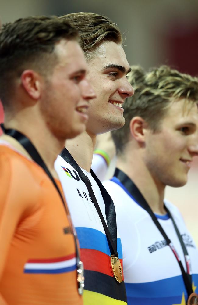 Glaetzer all smiles on the podium in Paris. Picture: Bryn Lennon (Getty)