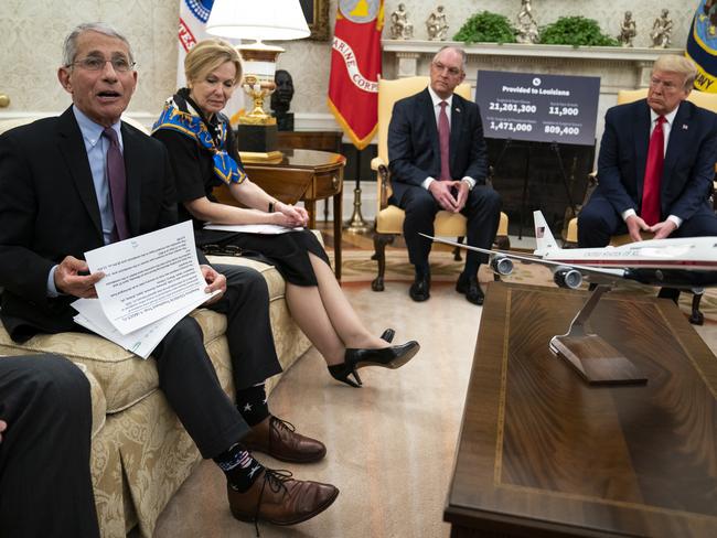 Dr Anthony Fauci (far left) with Donald Trump in the Oval Office. Dr Fauci is currently quarantined after coming into contact with positive White House staffers. Picture: AP