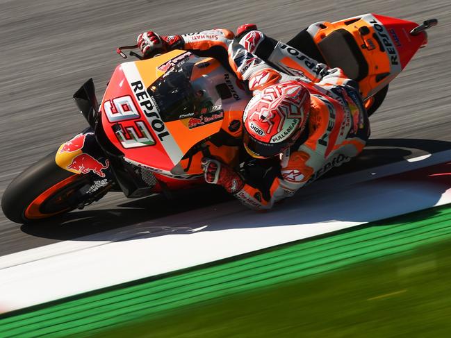 Repsol Honda Team's Spanish rider Marc Marquez rides during the first free practice session of the Austrian Moto GP Grand Prix in Spielberg on August 9, 2019. (Photo by VLADIMIR SIMICEK / AFP)