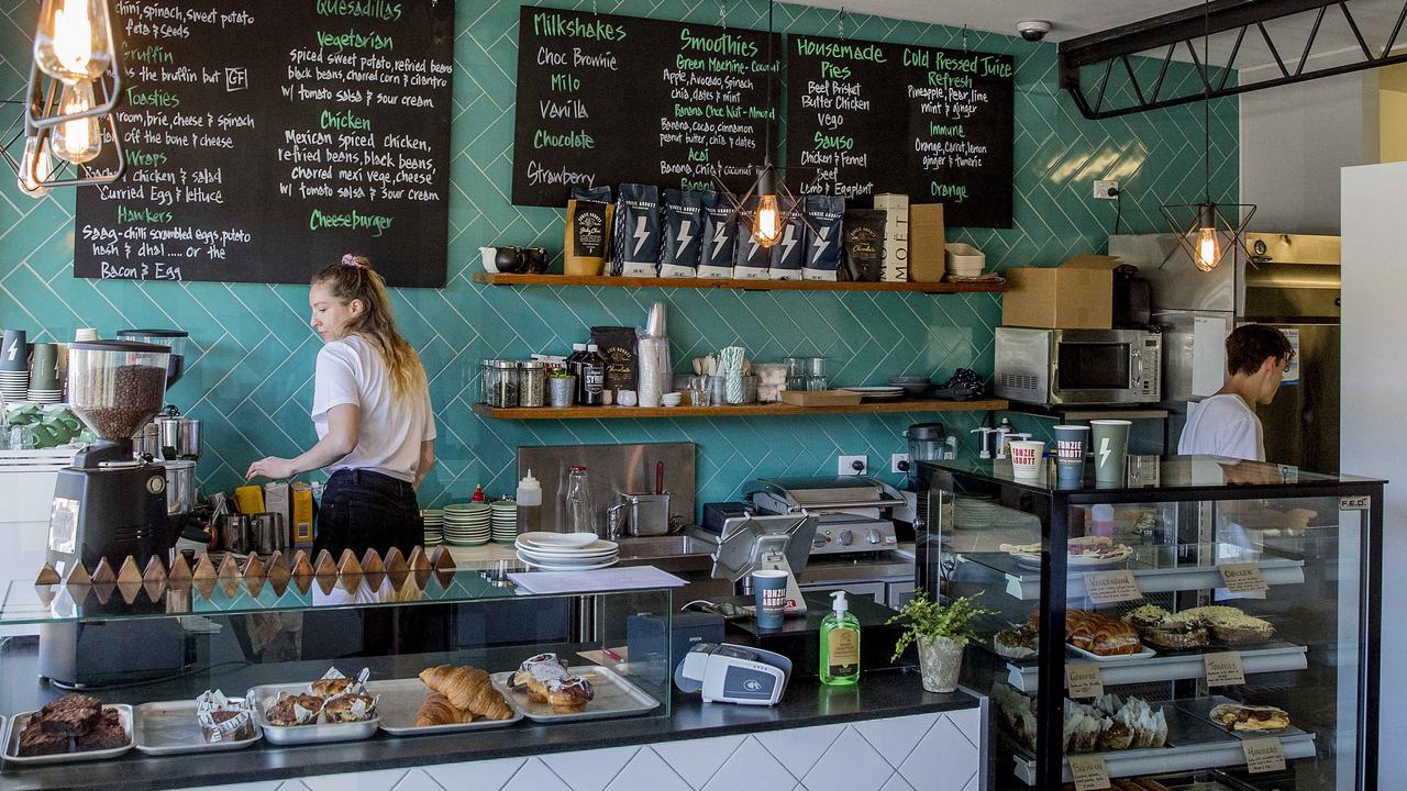 The display cabinet is filled with quesadillas and freshly baked bruffins and cruffins. Picture: Jerad Williams