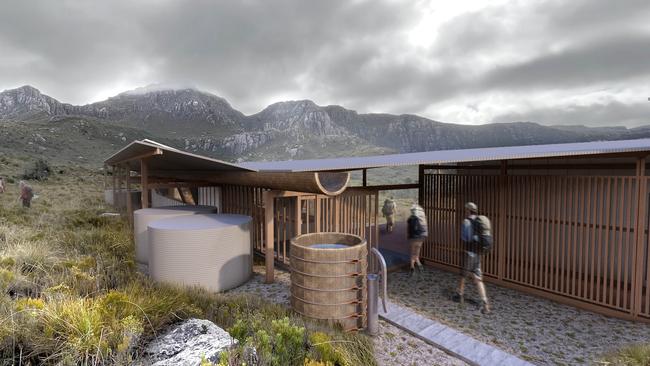 Artist’s impression of Lake Mary Hut on the proposed Next Iconic Walk near the Tyndall Range. Picture: Supplied/JAWS Architects