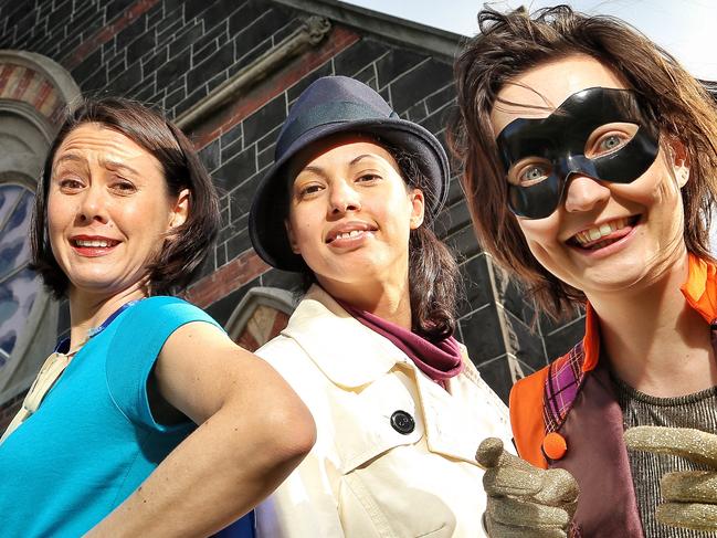 Captain Eco (Emma Hayden), The Narrator (Kerry du Plessis) and The Waster (Belinda Campbell) ready to perform in A Hero's Guide to Saving the Planet is a new children's production about superheroes and recycling that will be staged at the Bluestone Church Arts Space in time for the school holidays on Friday, June 16, 2017, in Footscray, Victoria, Australia. Picture: Hamish Blair