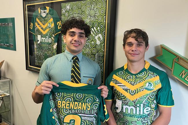 Former St Brendan’s College students Max Bowman-Conlon, who designed the rugby league jersey that St Brendan's College First XIII captain Tommy Green (right)and the team wore during a semi-final clash.
