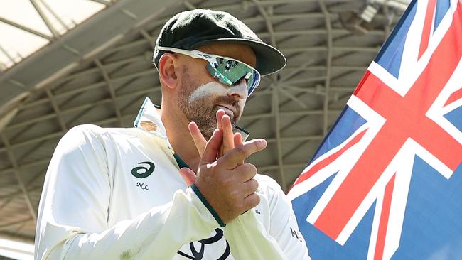 ADELAIDE, AUSTRALIA - DECEMBER 08: Nathan Lyon of Australia looks on before taking to the field during day three of the Men's Test Match series between Australia and India at Adelaide Oval on December 08, 2024 in Adelaide, Australia. (Photo by Paul Kane/Getty Images)