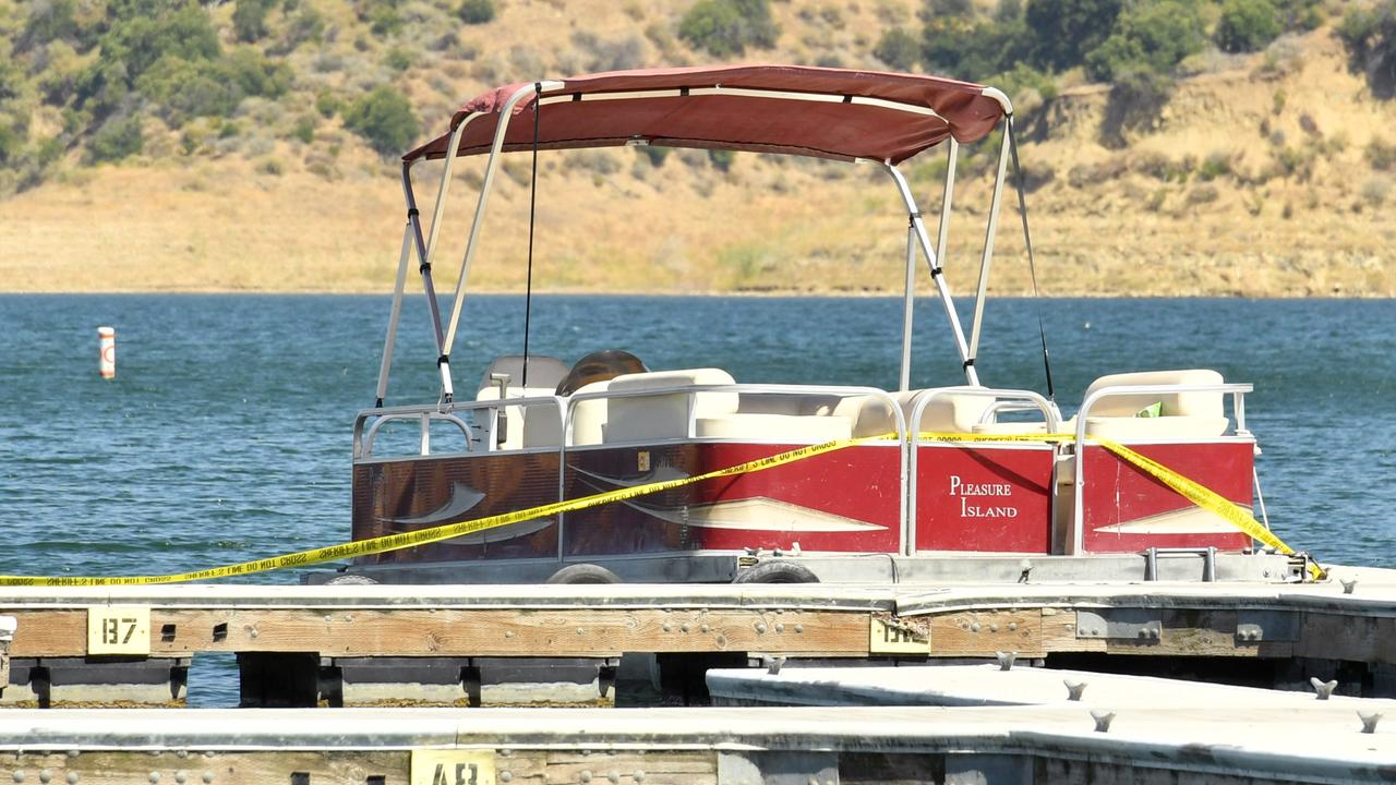 A boat docked and roped off with police tape at Lake Piru, where actress Naya Rivera was reported missing in Piru, California. Picture: Getty Images