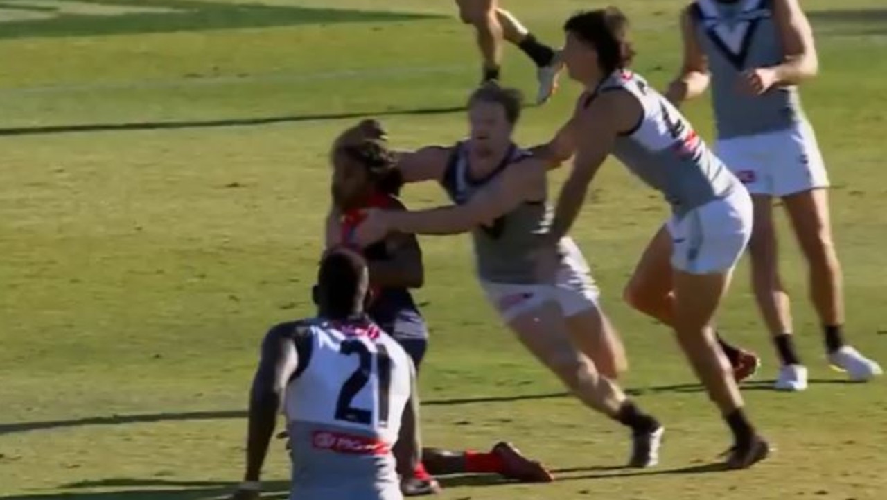 Demon livewire Kysaiah Pickett was awarded a free kick for high contact after being tackled by Port Adelaide captain Tom Jonas.