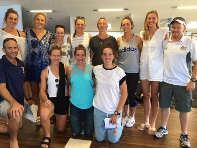 The 2016 Australian Women’s Sweep Oar Squad. Back row, left to right. Olympia Aldersey, Katrina Bateman, Sarah Banting, Charlotte Sutherland, Meaghan Volker, Jess Morrison, Georgie Gotch, Alfie Young (coach). Front row: Mark Fangen-Hall (coach), Lucy Stephan, Alexandra Hagan, Molly Goodman. Picture: Supplied.