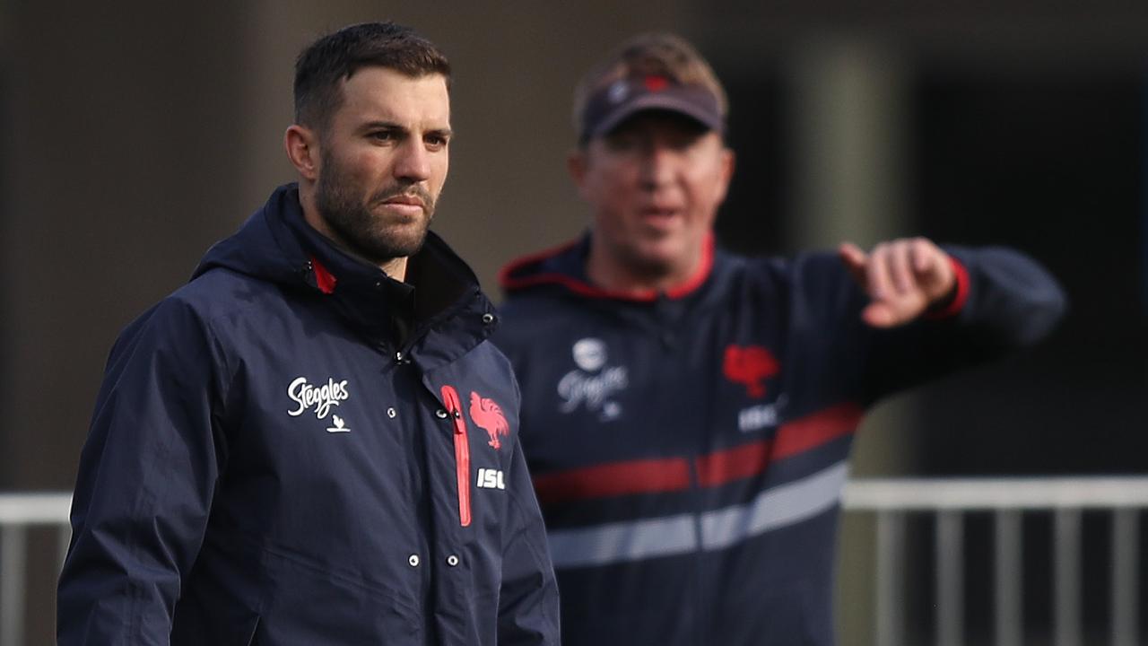 Coach Trent Robinson with James Tedesco at Roosters training. Picture: Brett Costello