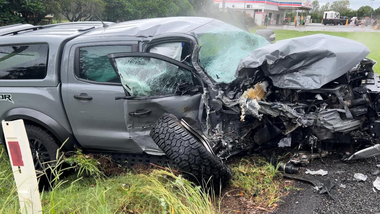 The driver of a Ford Ranger who is lucky for his life after a horrific three-car crash on Tin Can Bay Rd is calling for average speed cameras along the road. Picture: Facebook