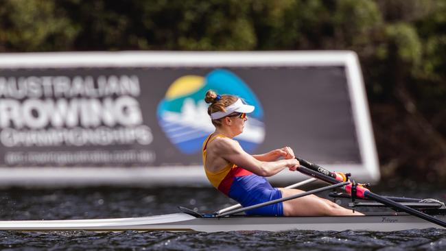 Georgia Nesbitt (Huon Rowing Club) on way to victory in the Australian Rowing Championships open lightweight women's single scull. at Lake Barrington. Picture: RA / Linda Higginson (MUST CREDIT)