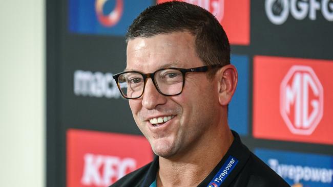 ADELAIDE, AUSTRALIA - FEBRUARY 12: Josh Carr senior assistant coach of Port Adelaide  speaks to the media during a Port Adelaide Power AFL press conference at Alberton Oval on February 12, 2025 in Adelaide, Australia. (Photo by Mark Brake/Getty Images)