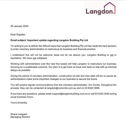 Langdon Builders issued a notice to suppliers saying it was hitting "pause" and entering voluntary administration. Picture: Supplied