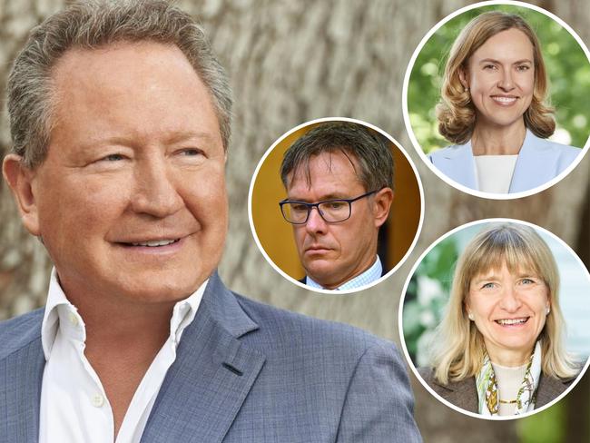 Andrew Forrest, outgoing Fortescue board member Guy Debelle, former CEO Fiona Hicks and former CFO Christine Morris.