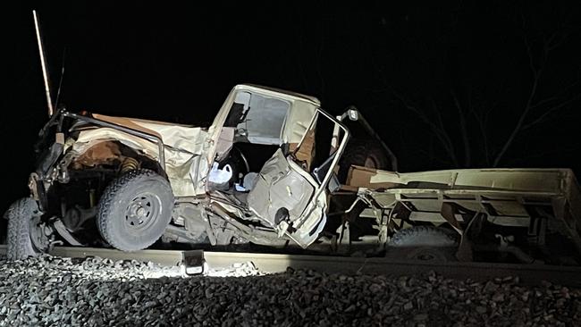 A man has died and another man is critically injured following a crash between a Toyota Landcruiser and an Aurizon coal train on Peter Delemothe Rd, west of Bowen, on July 11. Picture: Heidi Petith and Estelle Sanchez