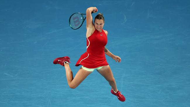 Aryna Sabalenka plays a forehand in her semi final singles match against Coco Gauff at Melbourne Park. Picture: Getty Images