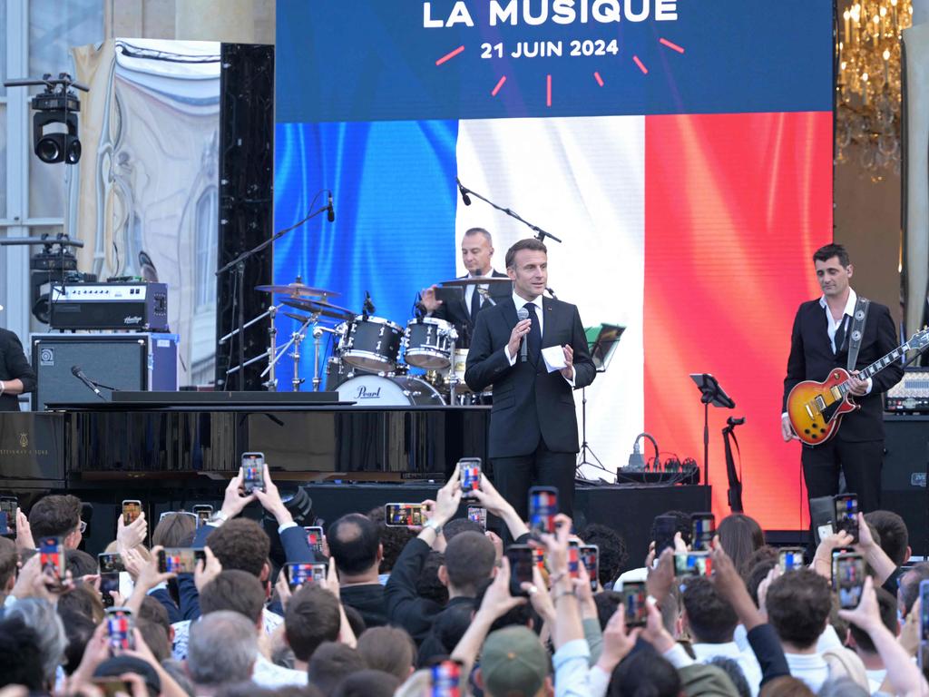 France's President Emmanuel Macron speaks during the annual "Fete de la musique" one-day music festival in the courtyard of the Elysee presidential palace in Paris on June 21, 2024. Picture: Bertrand Guay/AFP