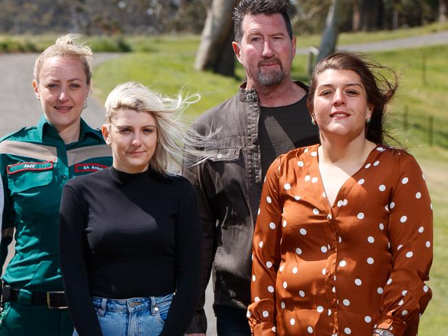 25/10/2019 Holly road safety video project. Group shot includes Police officer Joe McDonald, Hollyâ€™s boyfriend Johnny Zehle, Paramedic Amy Rutten, Holly Scott, dad Richard Scott and LSA case manager Jess Ciccarello pictured in the Adelaide Hills. Picture MATT TURNER