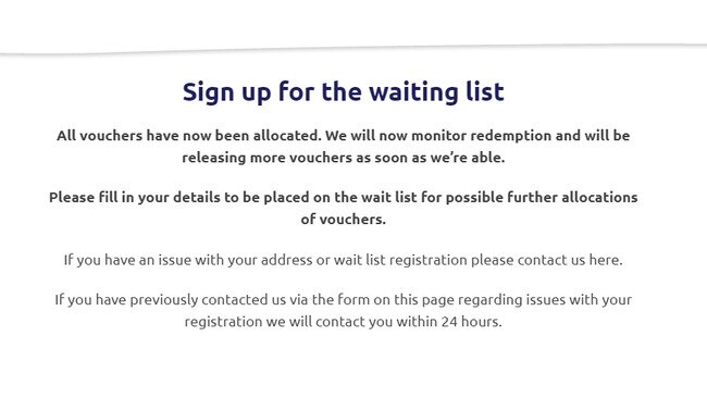 A message on the NT Tourism website showing people can only sign up for the $200 tourism voucher wait list.