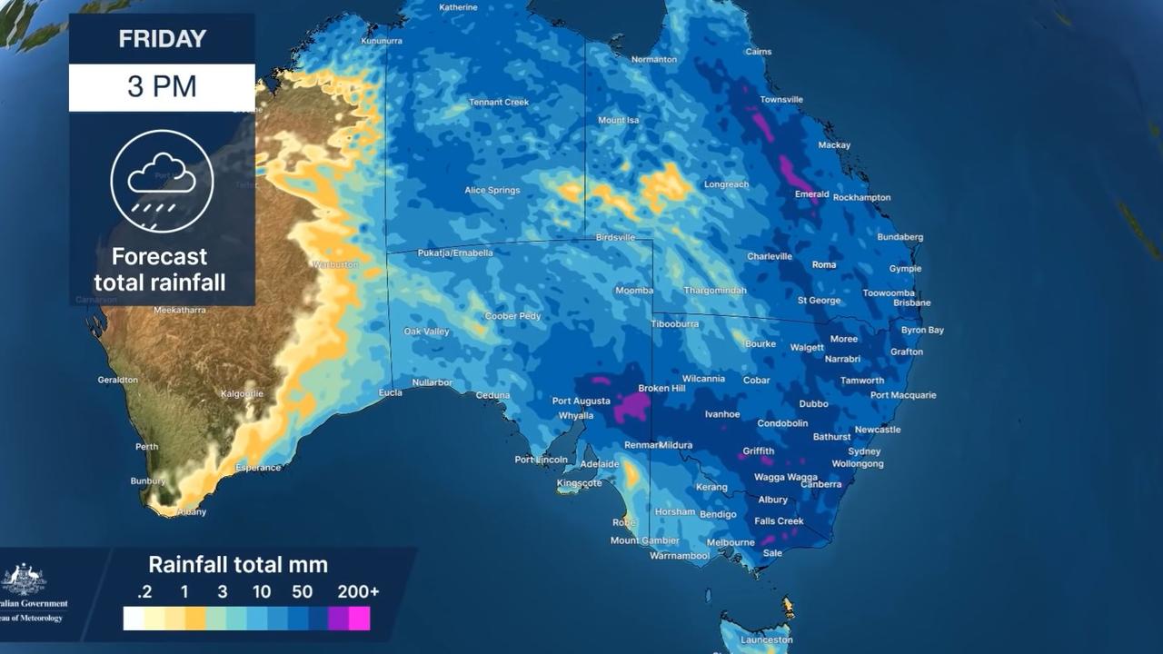 Vast areas of Australia are likely to see heavy rain over the coming days with accumulated rain totals from Tuesday to Friday hitting more than 200mm in places. Picture: BOM.