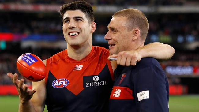 Dee Christian Petracca with coach Simon Goodwin after Melbourne’s elimination finals win. Pic: Getty Images