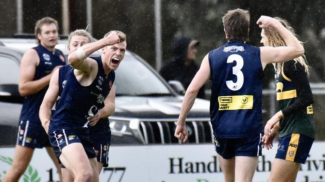 Southern Districts player Sam Tharaldsen celebrates a goal during the SA Country Football Championships. Picture: SANFL