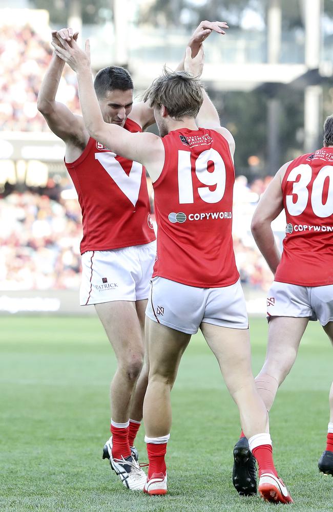 North Adelaide’s Lewis Hender, right, celebrates his goal. Picture: Sarah Reed