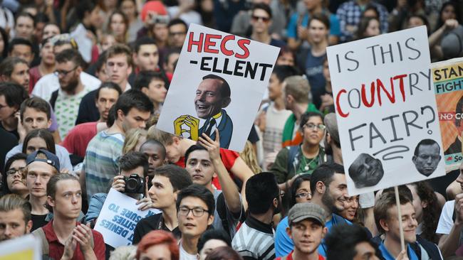 Fighting for fairness ... thousands of university students march though Sydney's CBD in protest at federal budget cuts to higher education. Picture: Peter Parks