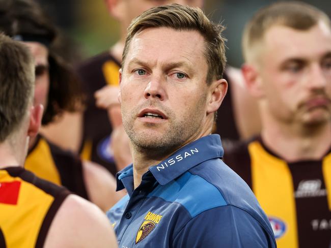 MELBOURNE, AUSTRALIA - JUNE 10: Sam Mitchell, Senior Coach of the Hawks looks on during the 2023 AFL Round 13 match between the Hawthorn Hawks and the Brisbane Lions at the Melbourne Cricket Ground on June 10, 2023 in Melbourne, Australia. (Photo by Dylan Burns/AFL Photos via Getty Images)