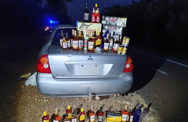 Alcohol and cannabis was seized from a Mitsubishi believed to be headed to Gunbalanya on Thursday. Picture: NTPFES