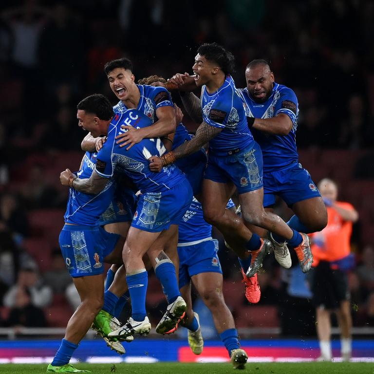 Samoa celebrate after Stephen Crichton kicks the winning golden point drop goal. Picture: Gareth Copley/Getty Images