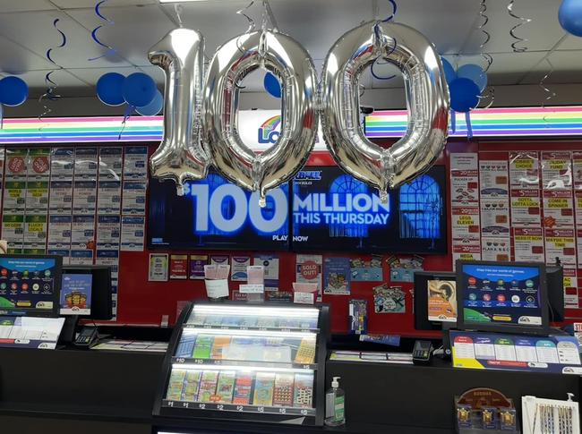 Leanyer Newsagency, seller of a winning Lotto ticket, dressed up for the $100m Powerball draw earlier this year. Picture: Facebook/Leanyer Newsagency