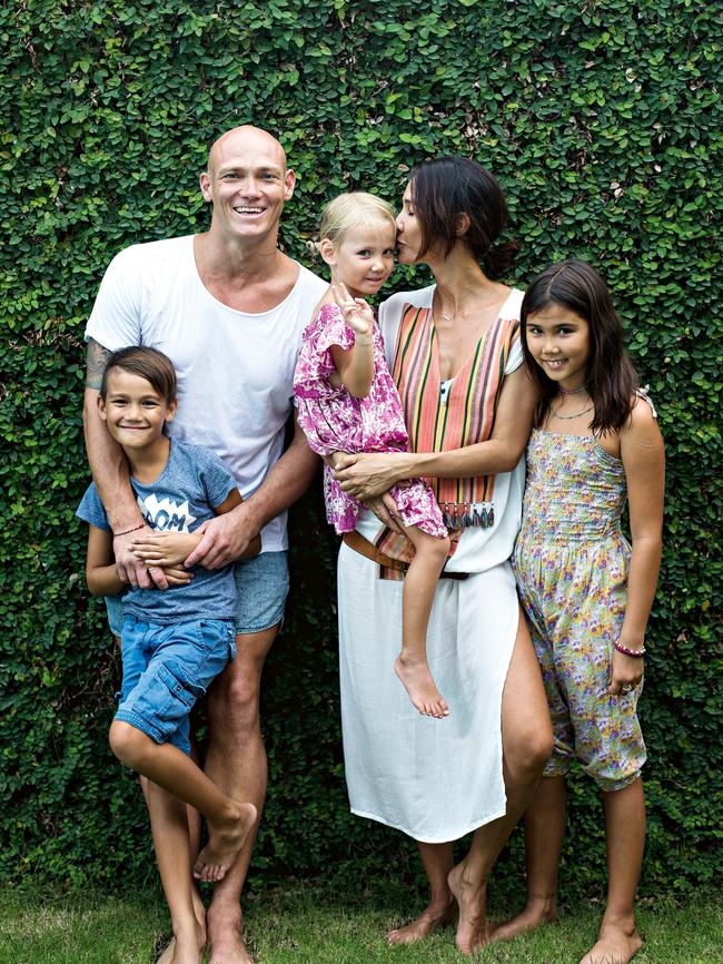 Lindy and Michael Klim pictured with their children Stella, Rocco and Frankie in Bali last year. Picture: Jason Childs