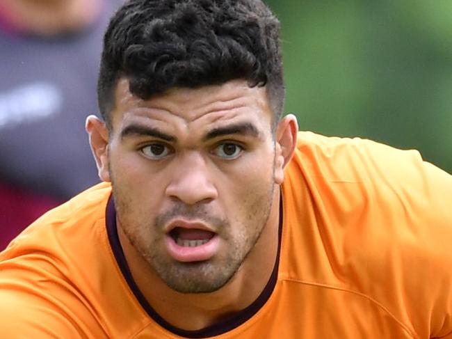 David Fifita in action during Brisbane Broncos training session at Clive Berghofer Field in Brisbane, Wednesday, March 11, 2020. The Broncos are playing the North Queensland Cowboys in their round 1 NRL match. (AAP Image/Darren England) NO ARCHIVING