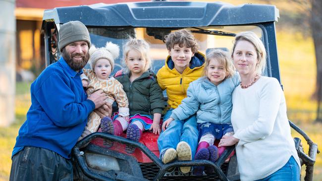 Virginia Tapscott, right, pictured with, from left, husband Rhys and children Tully, Oscar, Elke, Eva and husband Rhys, far left. Picture: Simon Dallinger