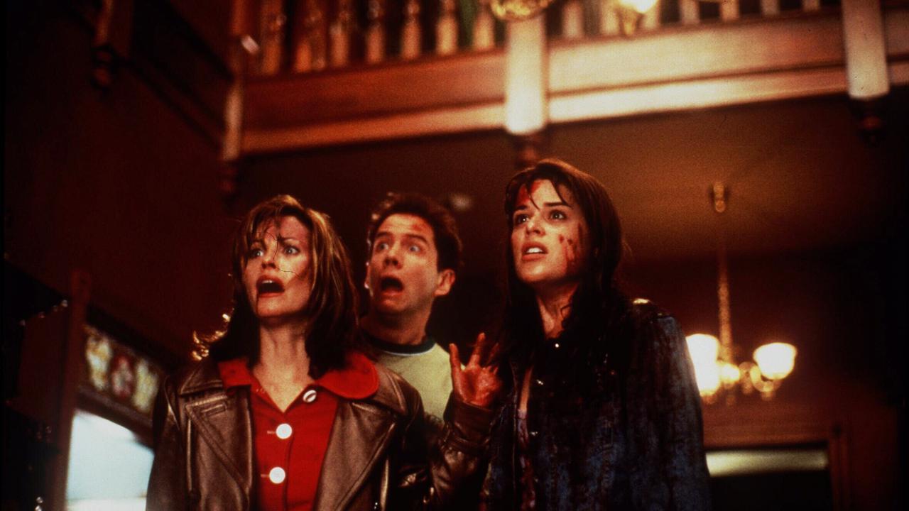 Courteney Cox (left), Jamie Kennedy and Neve Campbell in the original Scream.