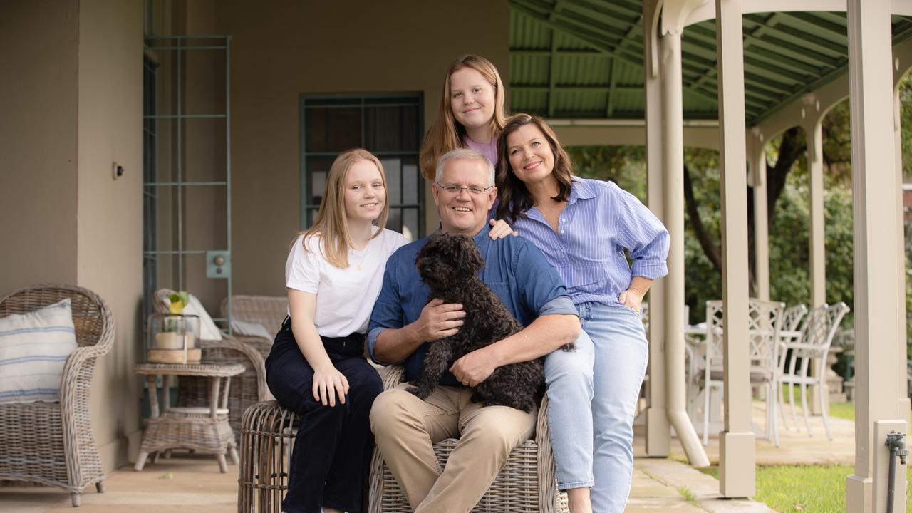 Prime Minister Scott Morrison with wife Jenny and children Abbey and Lily along with dog Buddy at Kirribilli House. Sydney NSW. Picture: Jason Edwards