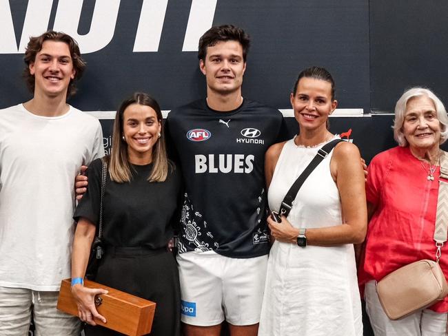 The Silvagni family in the Carlton dressing rooms after Jack Silvagni's 100th game for the club.